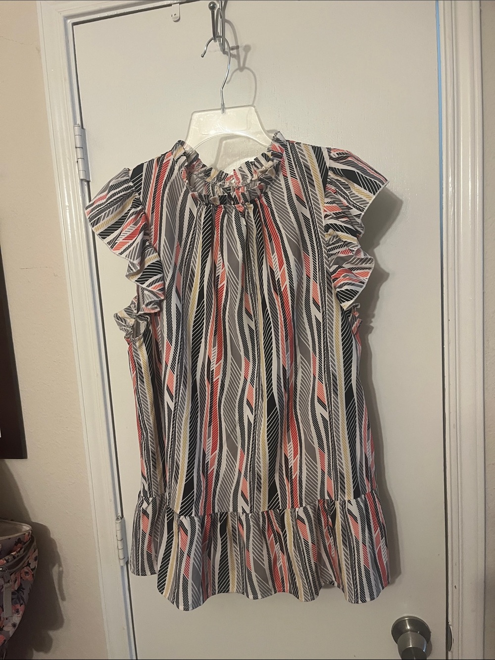 Jodifl Ladies Mesium Multi-Stripe Flutter Sleeve Blouse Coral, Black & Cream